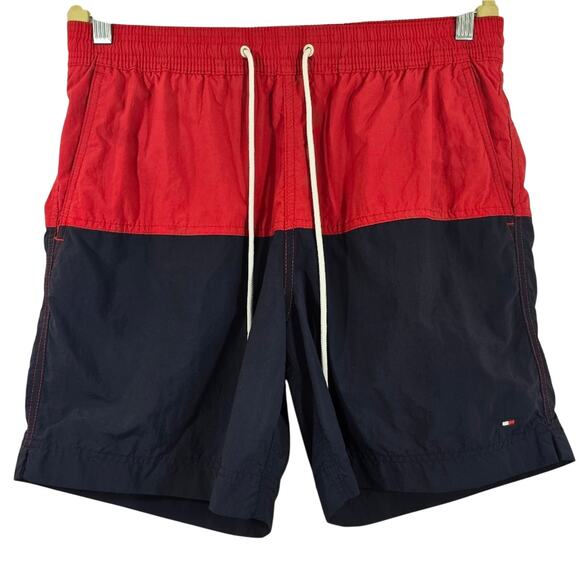 F Tommy Hilfiger Red Navy Colorblock Swim Trunks Shorts Mens Size L Preppy - Picture 1 of 10